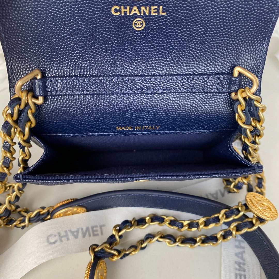 CHL -  Clutch With Chain Gold Hardware Grained Shinny Navy Blue For Women Handbags, Shoulder Bags 4.7in/12LO AP2857