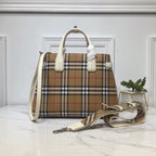 B-Berry - BB  House Check Derby Medium Banner Purse Tote White For Women, Women’s Bags 14in/35LO