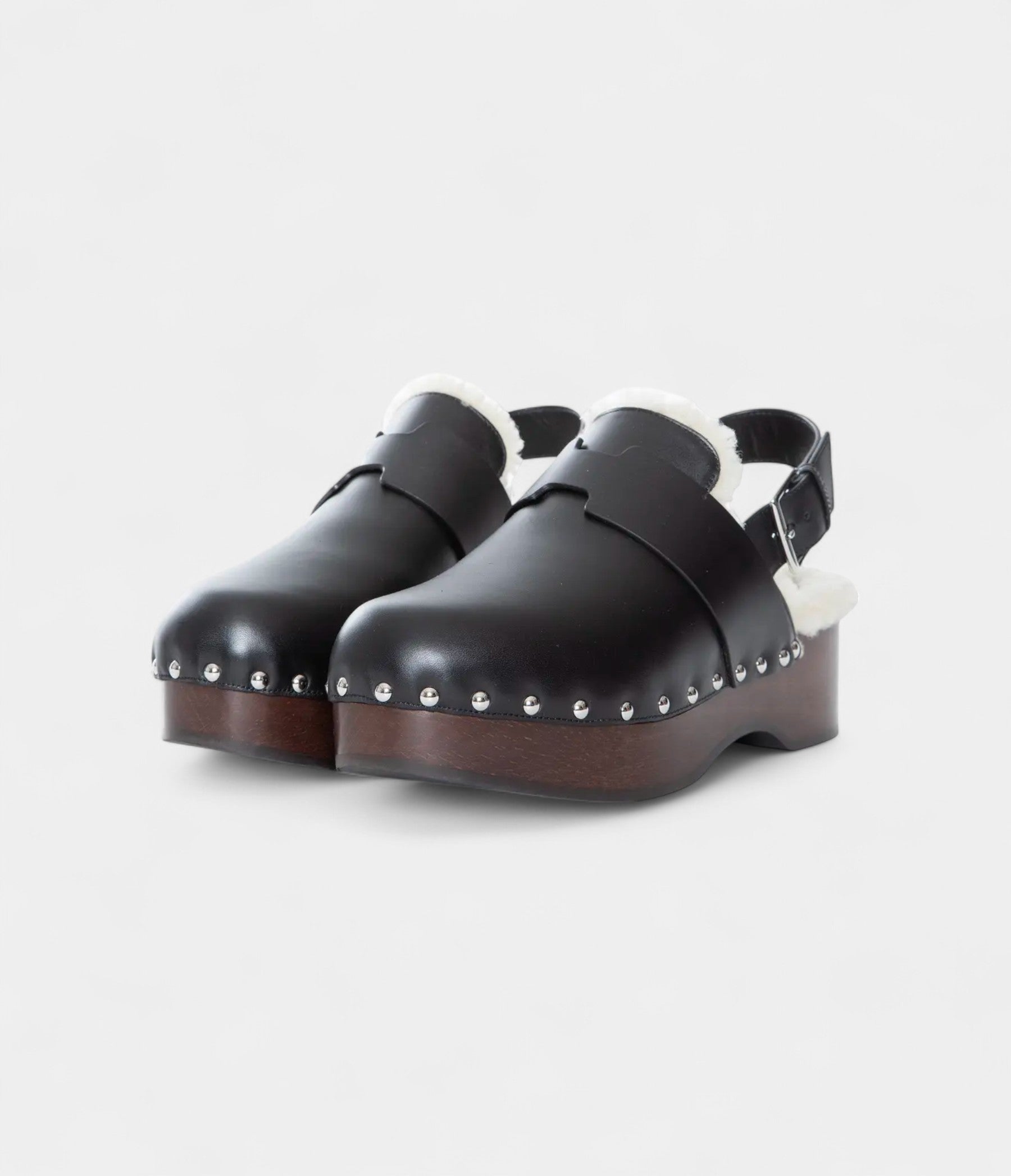 HMLeather Shearling-Lined Clog Mules with Adjustable Strap and Studded Wooden Sole