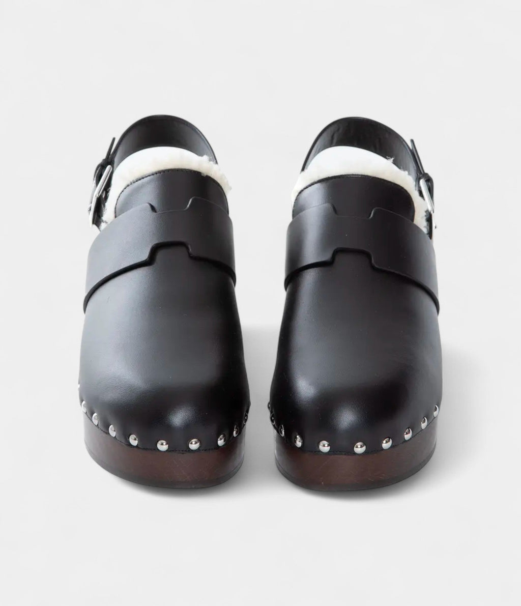 HMLeather Shearling-Lined Clog Mules with Adjustable Strap and Studded Wooden Sole