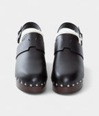 HMLeather Shearling-Lined Clog Mules with Adjustable Strap and Studded Wooden Sole