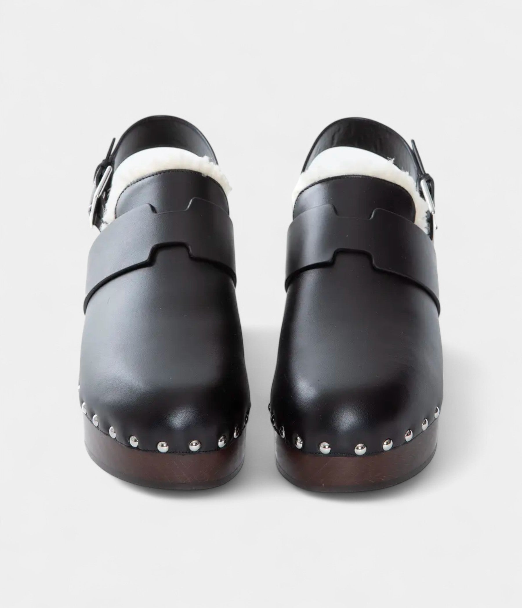 HMLeather Shearling-Lined Clog Mules with Adjustable Strap and Studded Wooden Sole