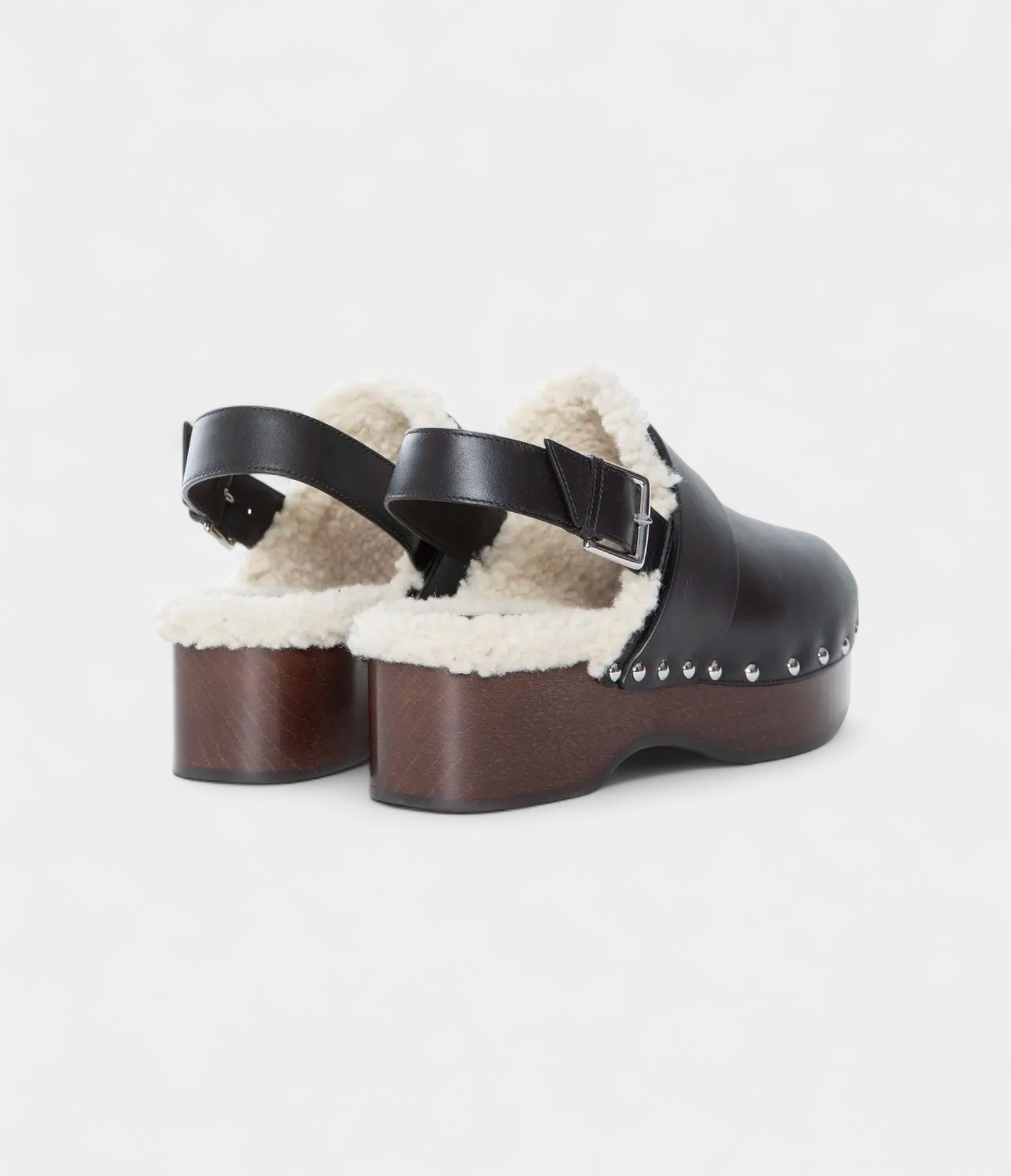 HMLeather Shearling-Lined Clog Mules with Adjustable Strap and Studded Wooden Sole