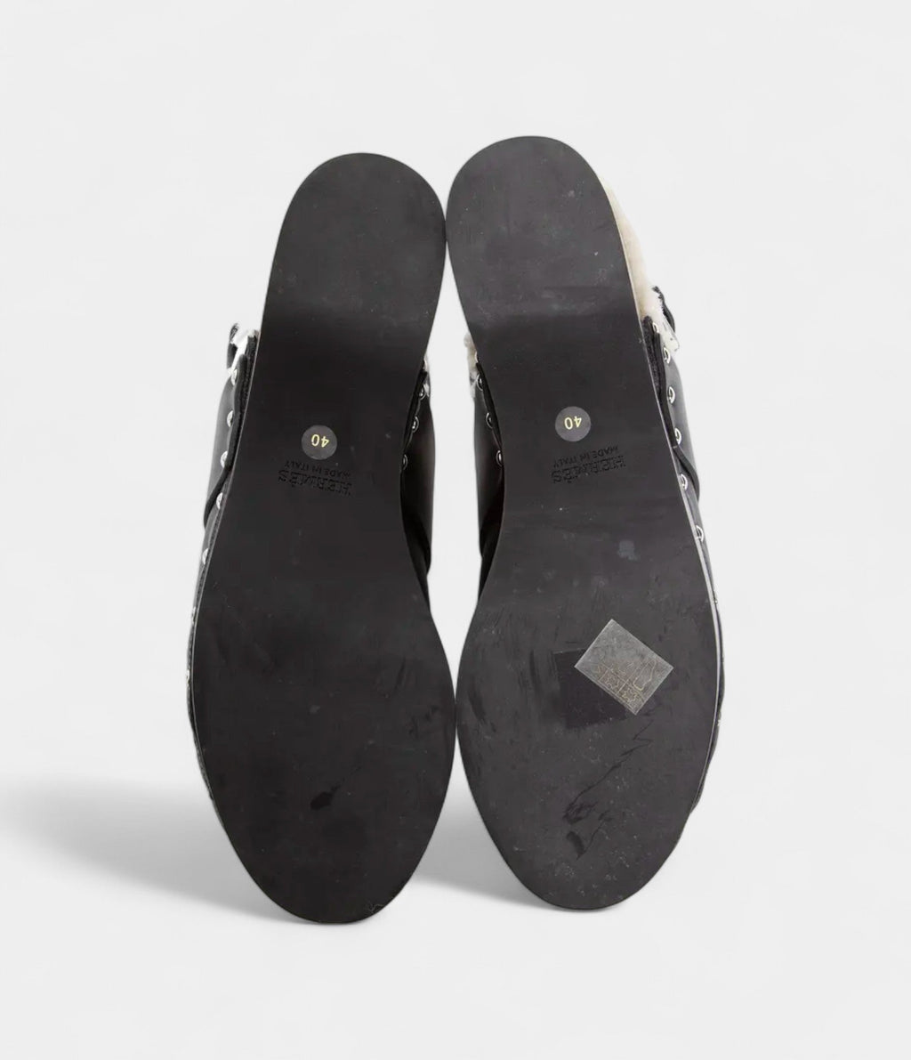 HMLeather Shearling-Lined Clog Mules with Adjustable Strap and Studded Wooden Sole