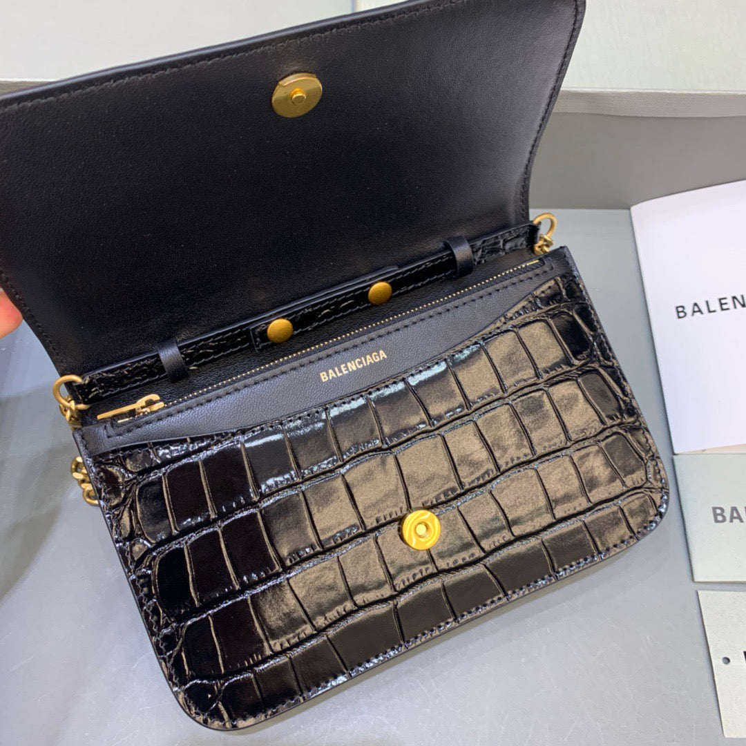 BLN-Ciaga Croc Embossed Patent B Bag With Chain In Black, For Women,  Bags 7.9in/20LO