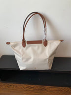 Longchamp Small Le Pliage Tote Bag Brown Cream Polyamide Leather