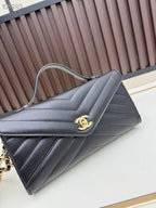 CC Large Flap Bag With Handles Black Goat Leather
