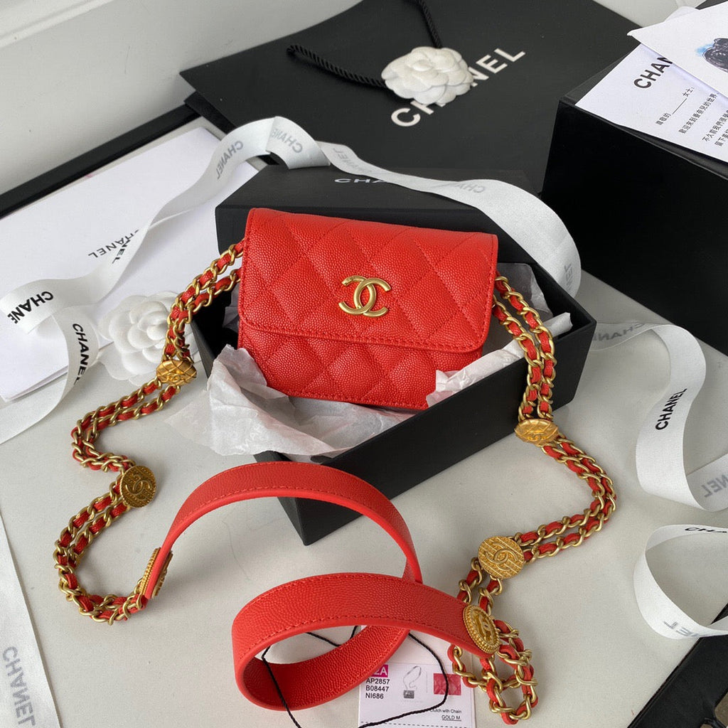 CHL -  Clutch With Chain Gold Hardware Grained Shinny Red For Women Handbags, Shoulder Bags 4.7in/12LO AP2857