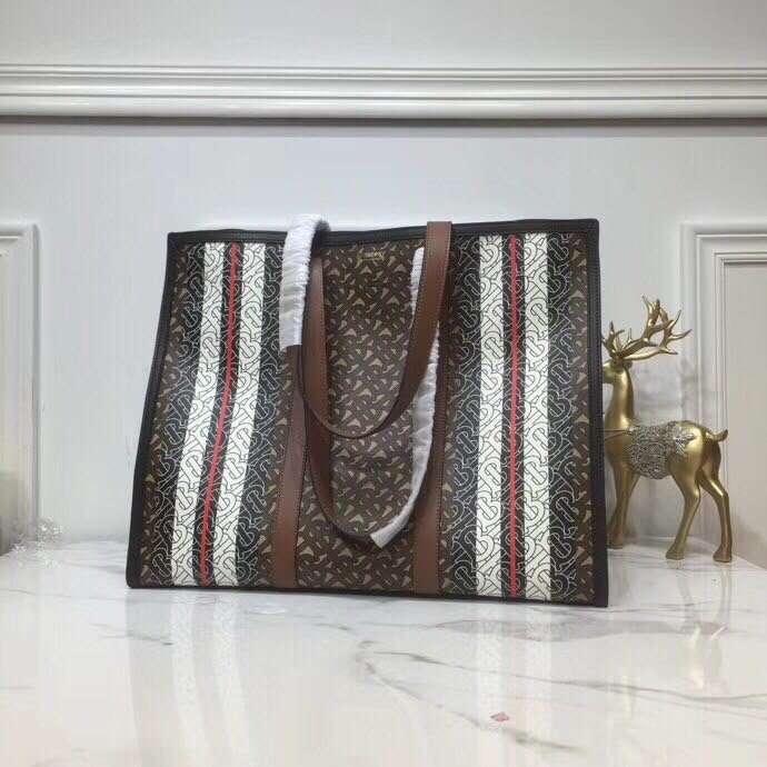 B-Berry - BB  Monogram Stripe E-Canvas Portrait Tote Bag Bridle Brown For Women, Bags 15.7in/34LO