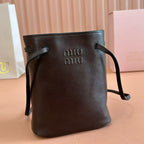 Miu Bucket Bag 14cm Coffee Grain Leather