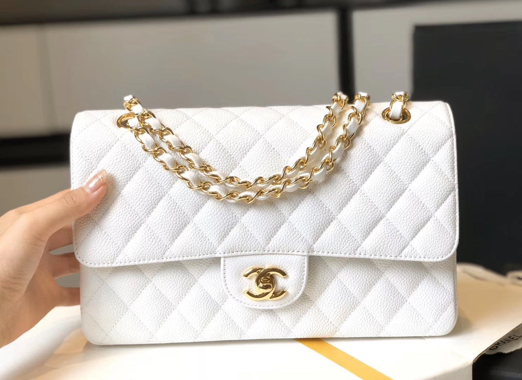 CHL -  Classic Medium Flapbag Golden Hardware White 10in/25.5LO