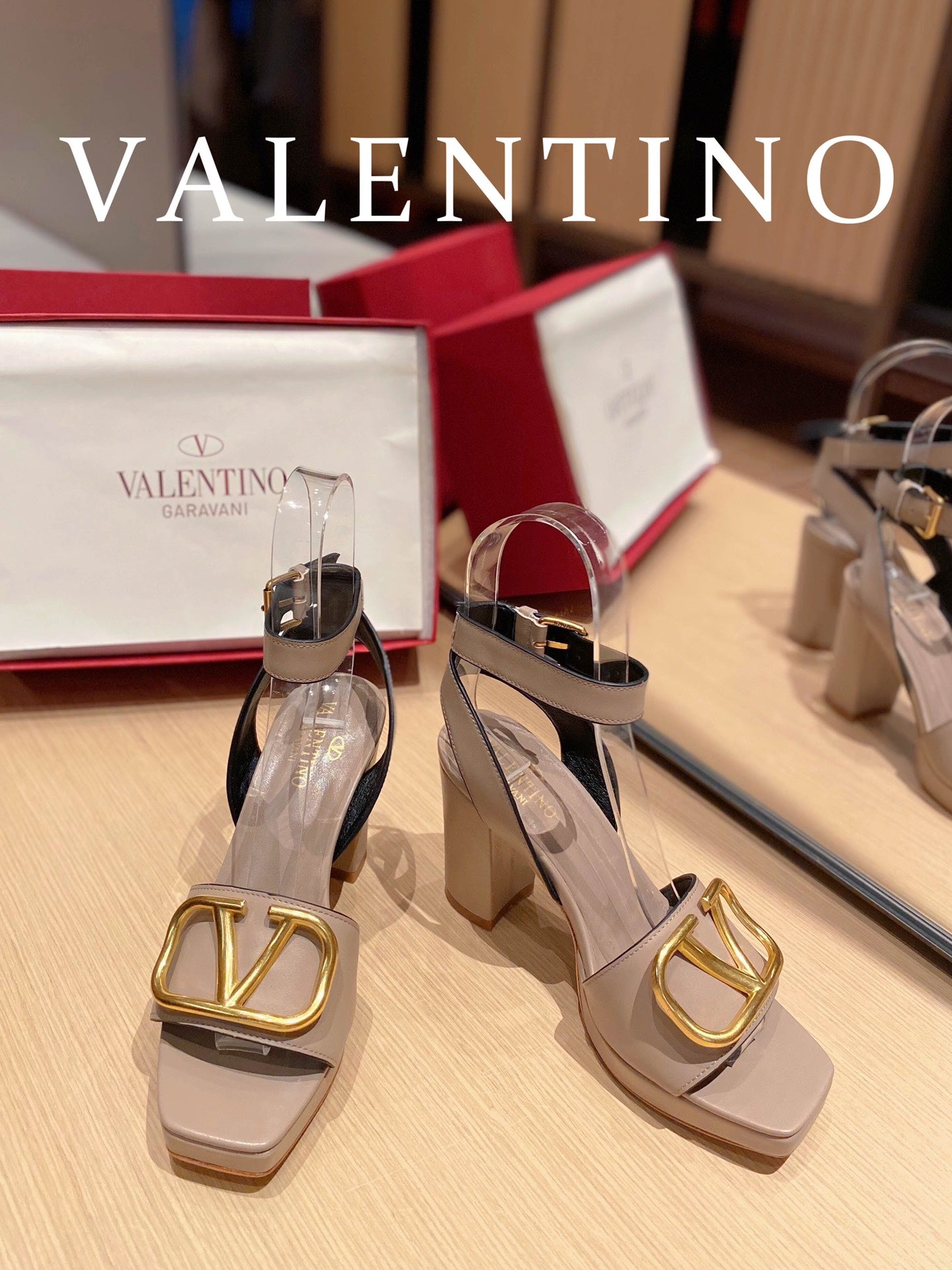 VAL -  Garavani Strap Heeled Sandals With V Logo Signature Embellishment Beige For Women