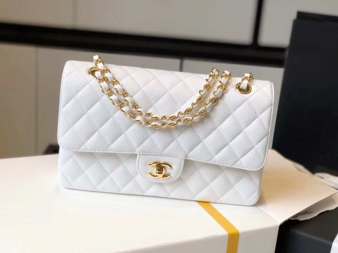 CHL -  Classic Medium Flapbag Golden Hardware White 10in/25.5LO