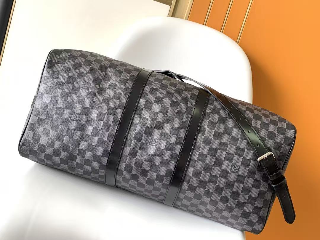 KEEPALL BANDOULIÈRE 45 IN BLACK DAMIER GRAPHITE CANVAS