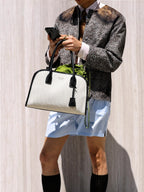 Prada Linen Medium Tote Bag Soft Grain Leather & Canvas