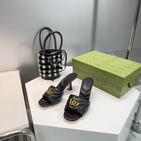 Gucci Black Leather Mules with GG Logo & Crystal Embellished Bucket Bag