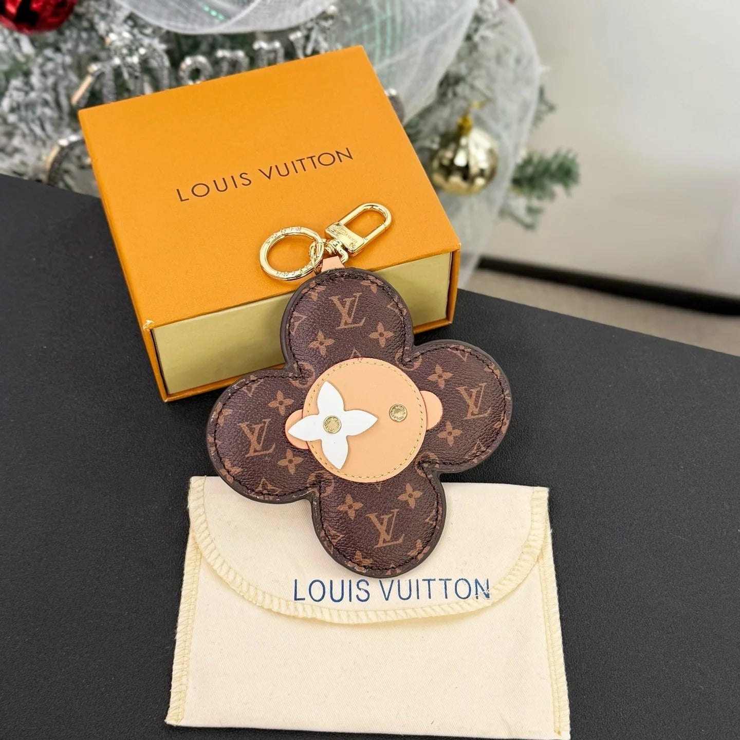 LV Vivienne Head Bag Charm in Monogram Brown Beige White Canvas