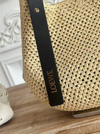 Loewe x Paula's Ibiza Small Punch Hole Hobo Bag Beige Black Raffia Leather