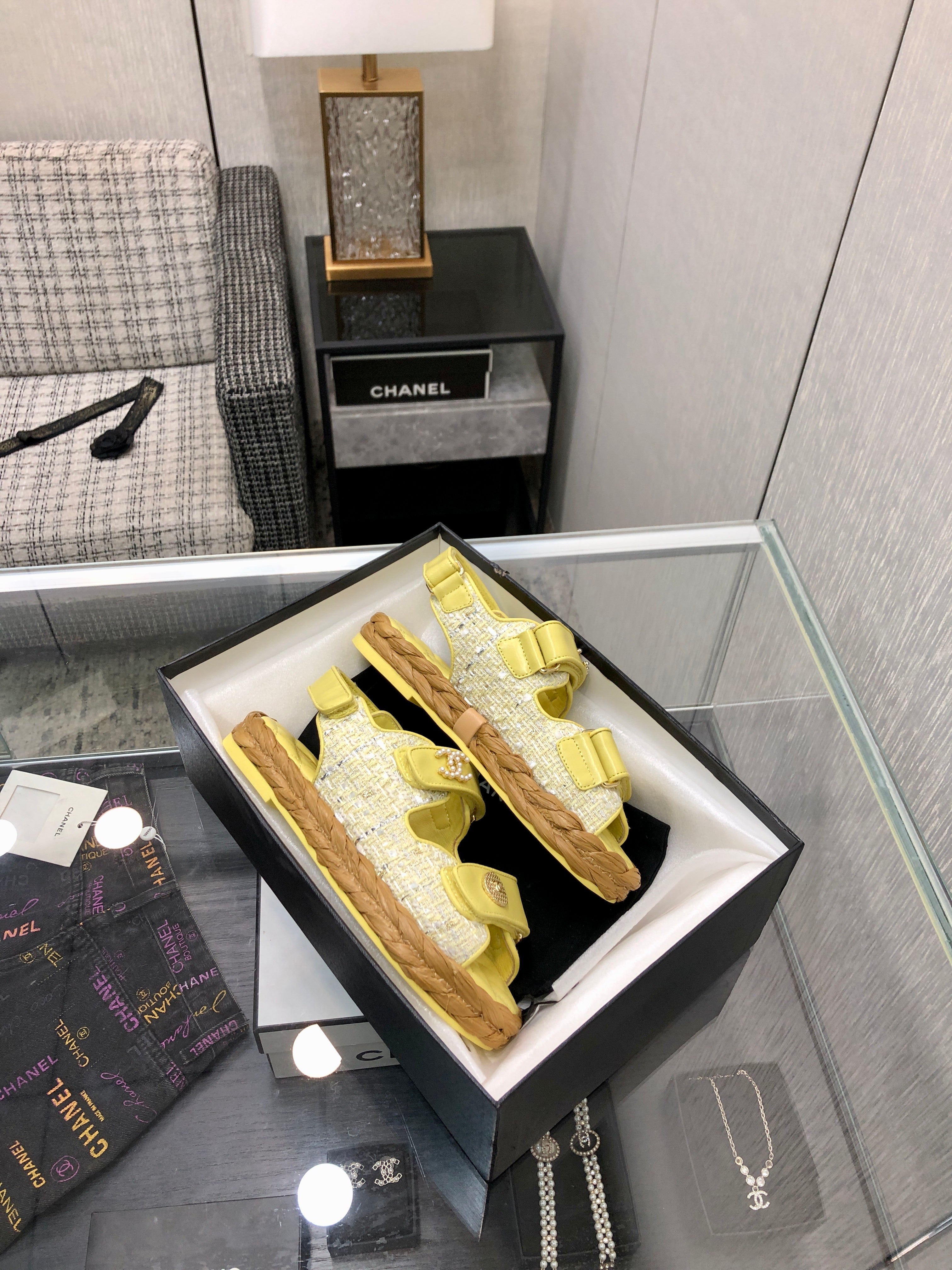 VELCRO SANDALS IN LIGHT YELLOW LAMBSKIN AND TWEED FABRIC