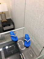 THONG SLIDE IN COBALT BLUE SUEDE WITH WHITE CRYSTALS