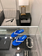 THONG SLIDE IN COBALT BLUE SUEDE WITH WHITE CRYSTALS