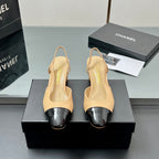 CC SLINGBACK 25S 65 MM IN BEIGE LAMBSKIN AND BLACK GLOSSY LEATHER WITH CHECK PATTERN