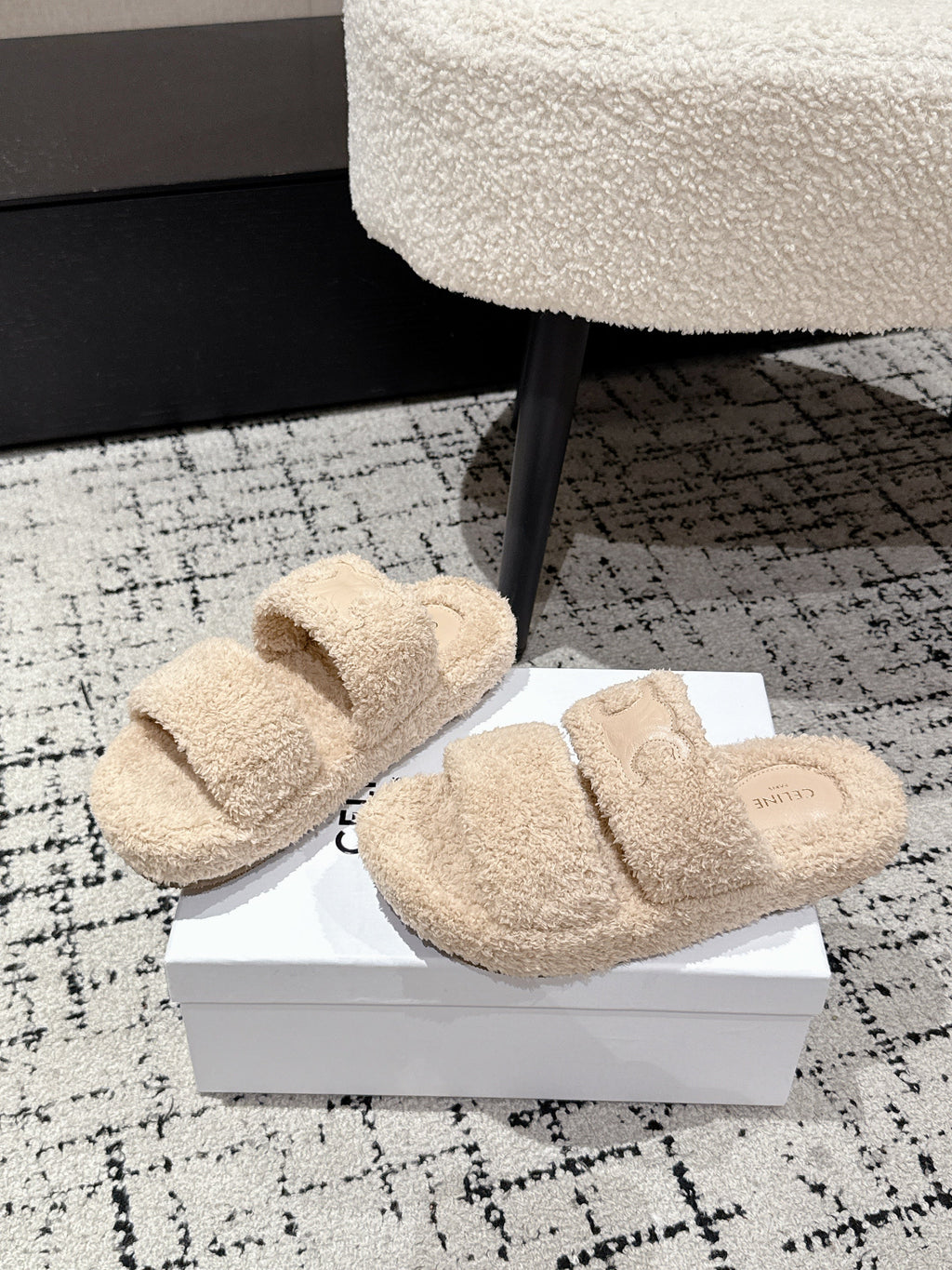 CELINE 25S SLIDES TRIOMPHE IN BIEGE SPONGE FABRIC