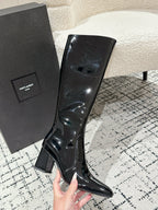 YSL 25S PLATFORM KNEE-HIGH BOOTS 70 MM IN BLACK GLOSSY LAMBSKIN