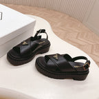 PRADA 25S SANDALS IN BLACK CALFSKIN LOGO GOLD HARDWARE