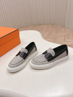 HM 25S SLIP-ON IN LIGHT GREY CANVAS AND BLACK LAMBSKIN