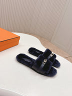 HM 25S ORAN SANDAL IN CHARCOAL NAVY SHEARLING WITH SILVER HARDWARE