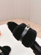 HM 25S ORAN SANDAL IN BLACK SHEARLING WITH SILVER HARDWARE