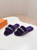 HM 25S ORAN SANDAL IN DARK PURPLE SHEARLING WITH SILVER HARDWARE