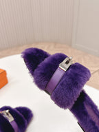 HM 25S ORAN SANDAL IN DARK PURPLE SHEARLING WITH SILVER HARDWARE