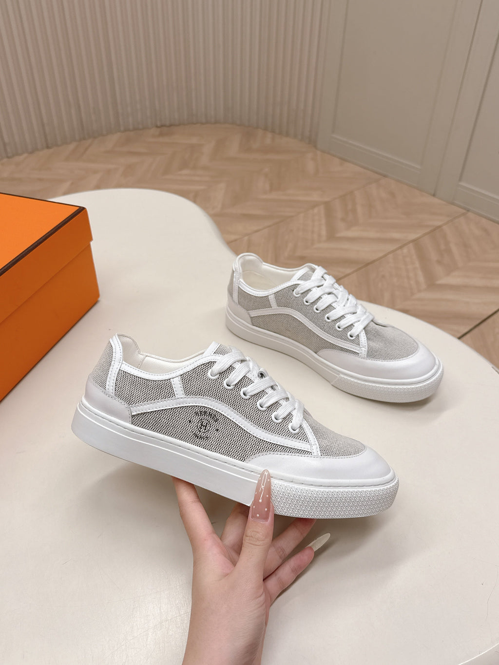 HM 25S SNEAKER LOW SPORTS IN GREY CANVAS MIX WHITE LAMBSKIN