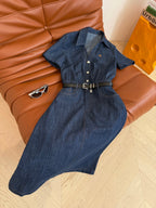 CELINE 25 ARC DE TRIOMPHE LOGO EMBROIDERED DENIM DRESS BLUE COTTON