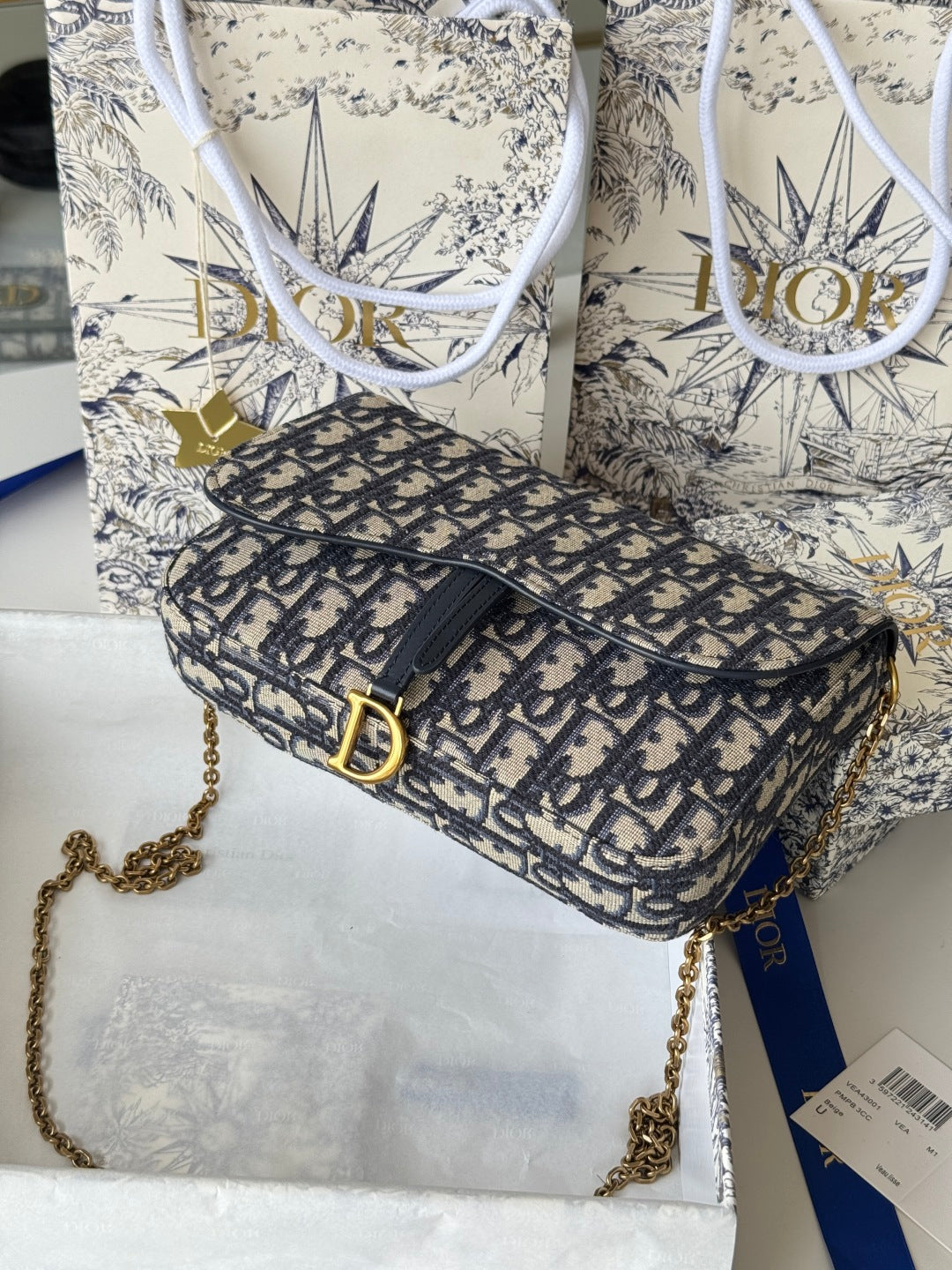CD Medium Saddle Pouch with Chain 21.5cm Blue Jacquard Cowhide GHW
