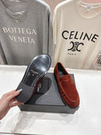 YSL 25S LOAFERS IN RED MAHOGANY SUEDE WITH GOLD HARDWARE