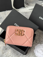 CC 19 Quilted Zipper Coin Purse Pink Gold-Tone Sheepskin 242796