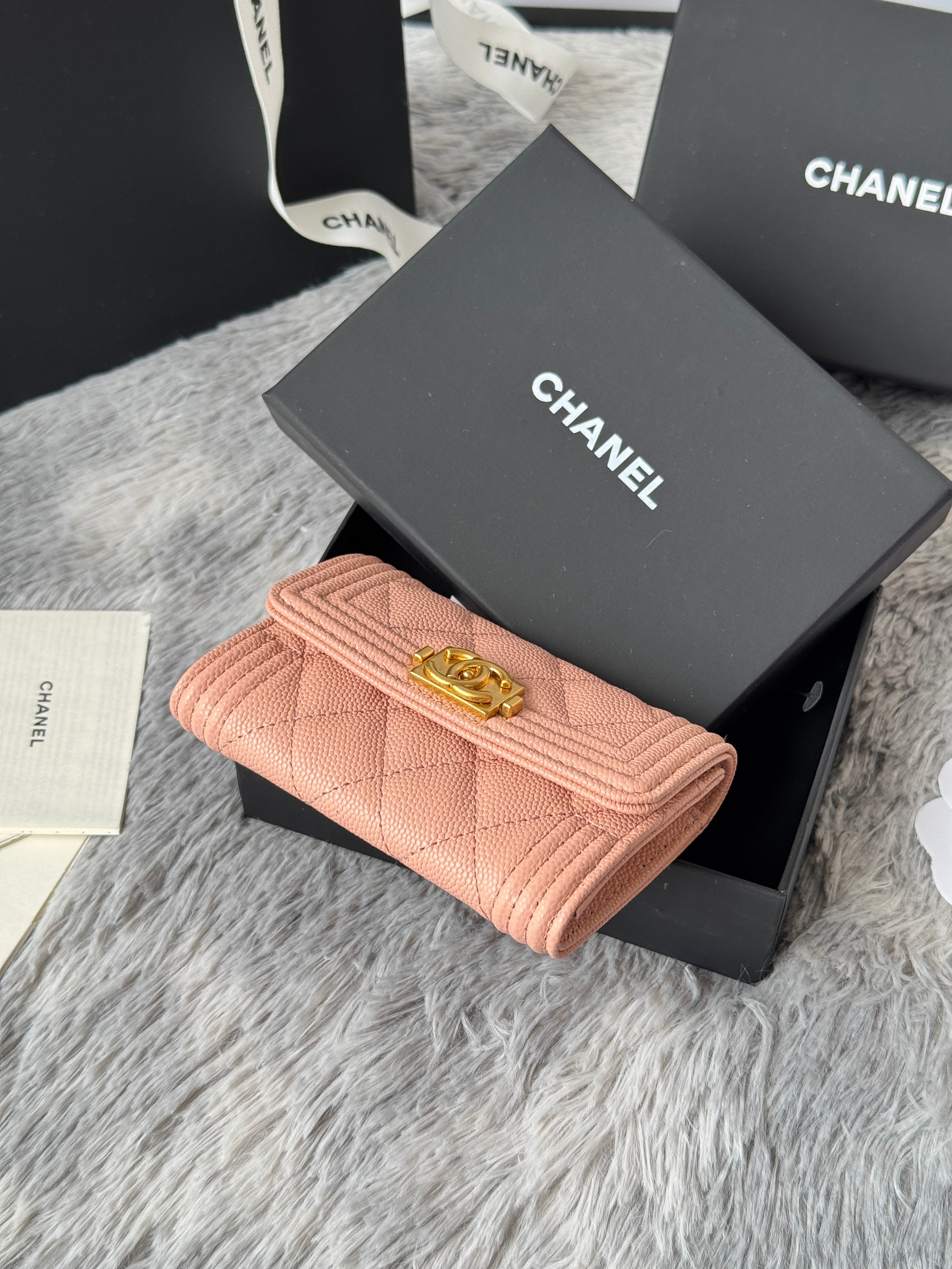 CC Boy Flap Card Holder Light Pink Gold-tone Grained Calfskin 242856