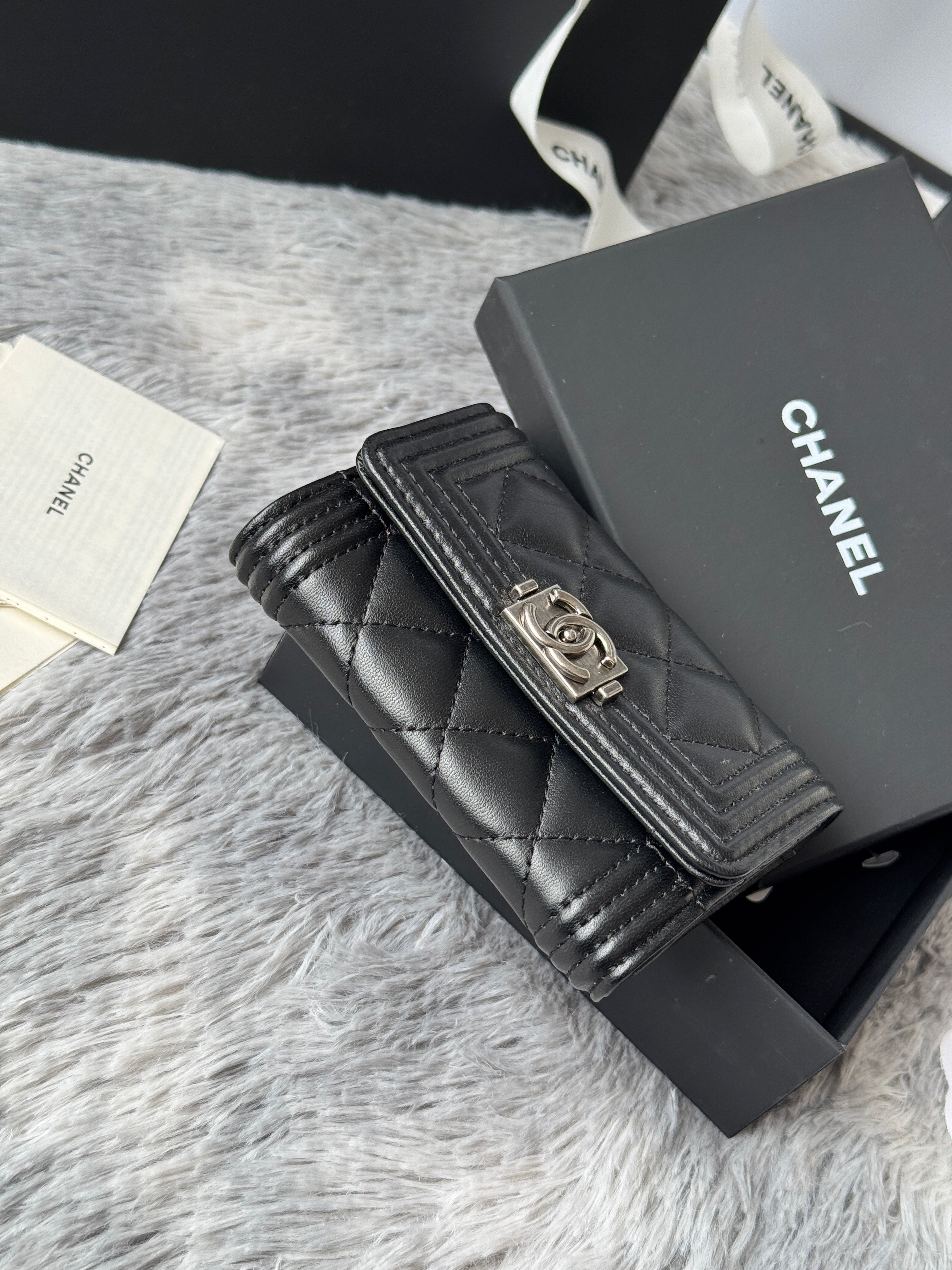 CC Boy Flap Card Holder Black Sliver-tone Lambskin 242864