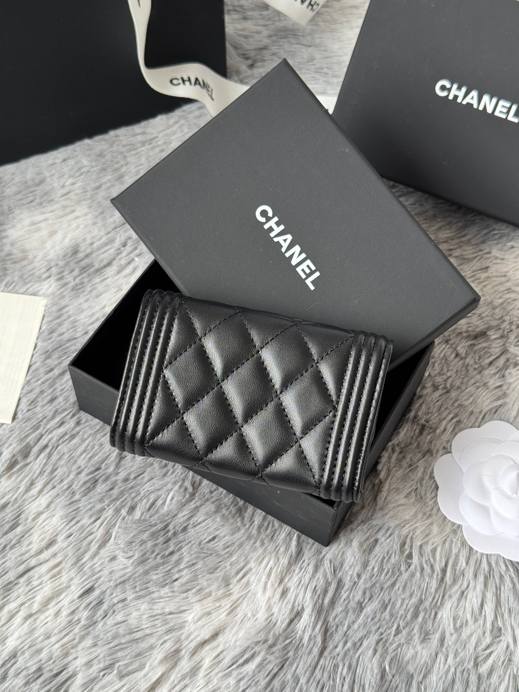 CC Boy Flap Card Holder Black Sliver-tone Lambskin 242864