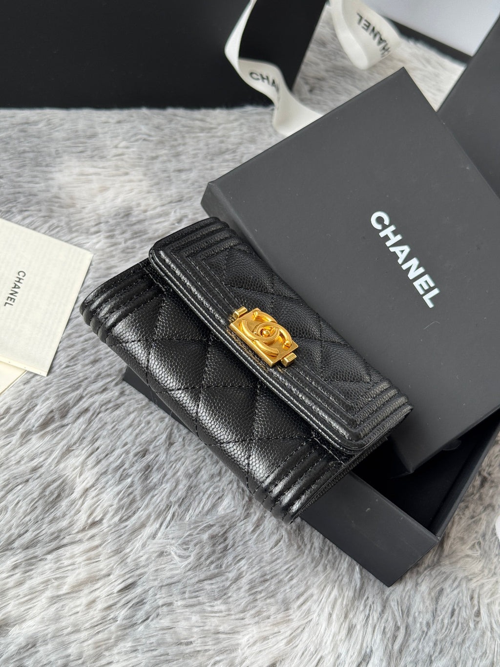 CC Boy Flap Card Holder Black Gold-tone Grained Calfskin 242866