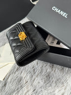 CC Boy Flap Card Holder Black Gold-tone Grained Calfskin 242866