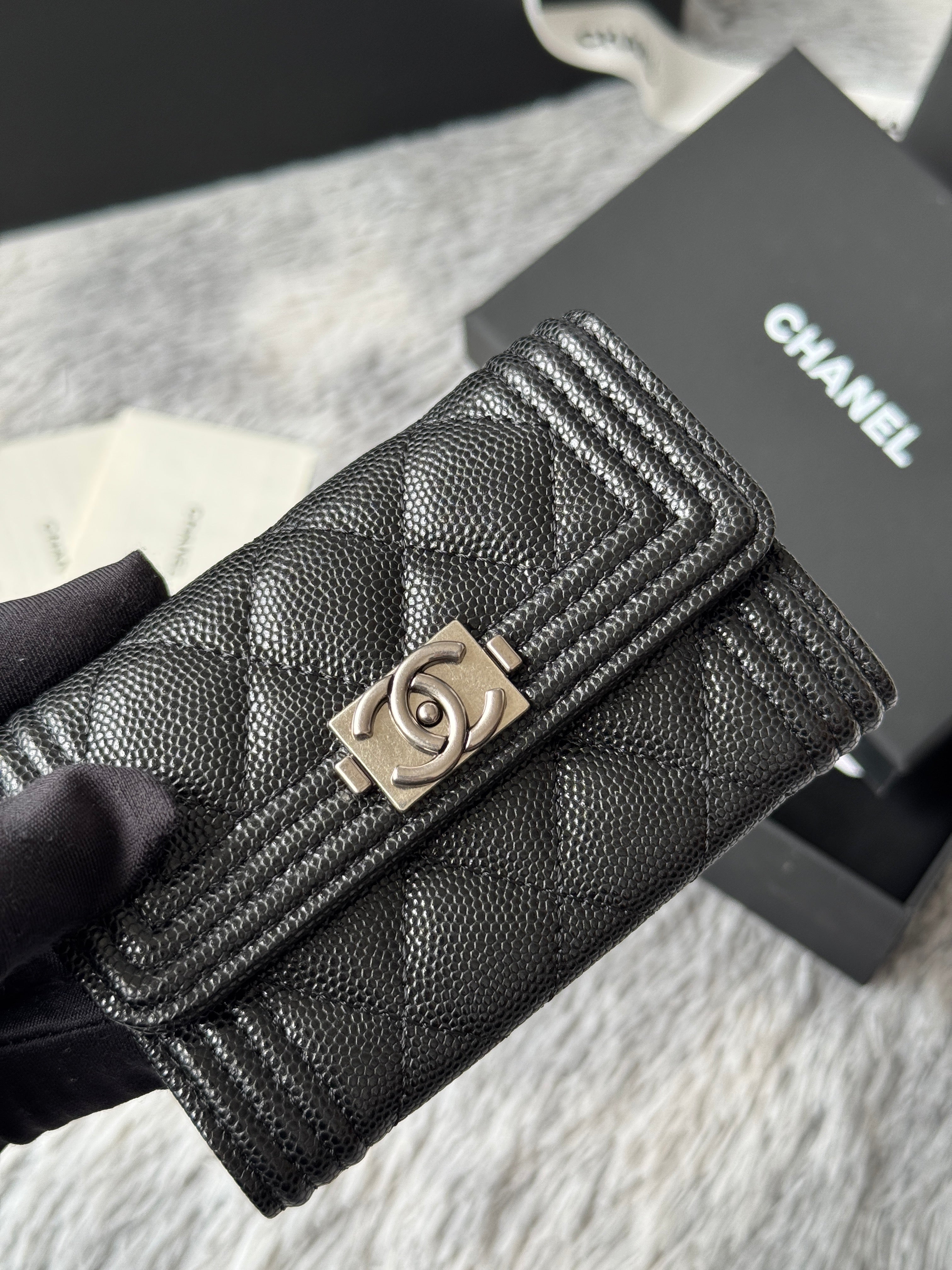 CC Boy Flap Card Holder Black Sliver-tone Grained Calfskin 242888