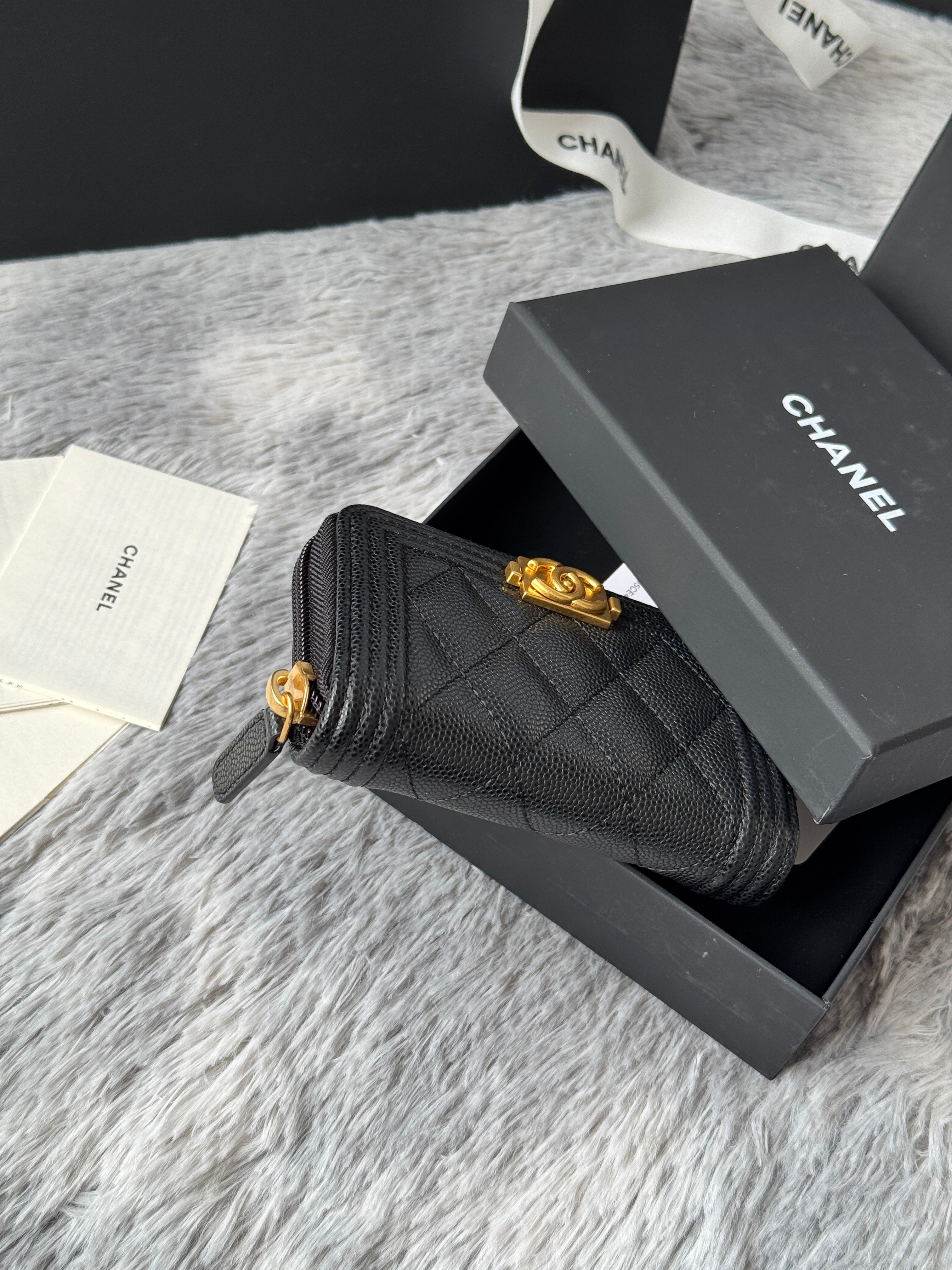CC Classic Boy Coin Purse Black Gold-tone Grained Calfskin 242882
