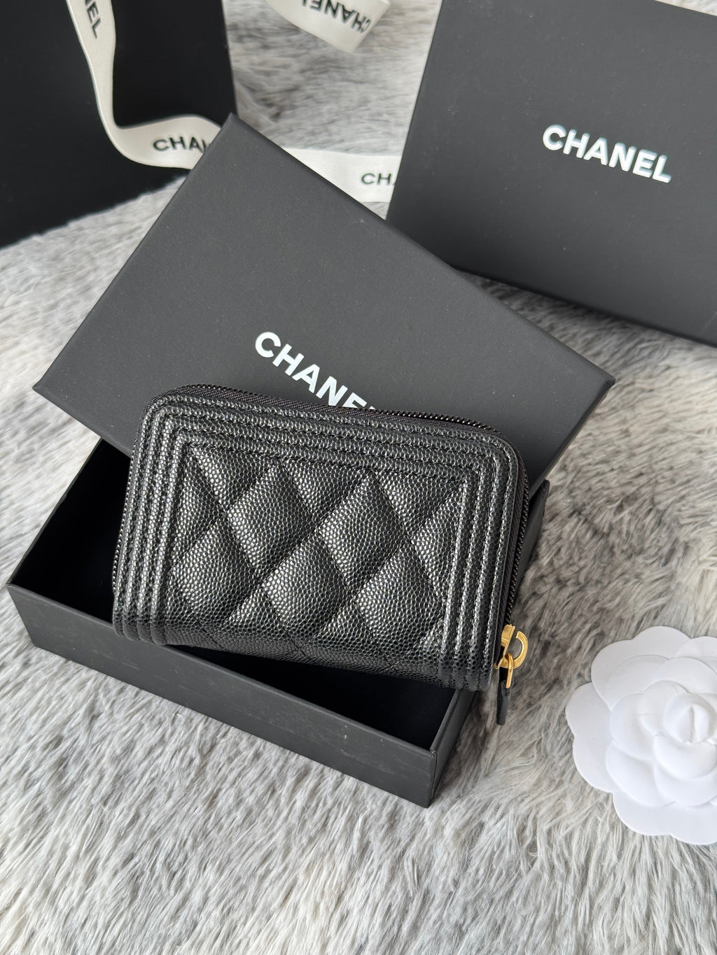 CC Classic Boy Coin Purse Black Gold-tone Grained Calfskin 242882