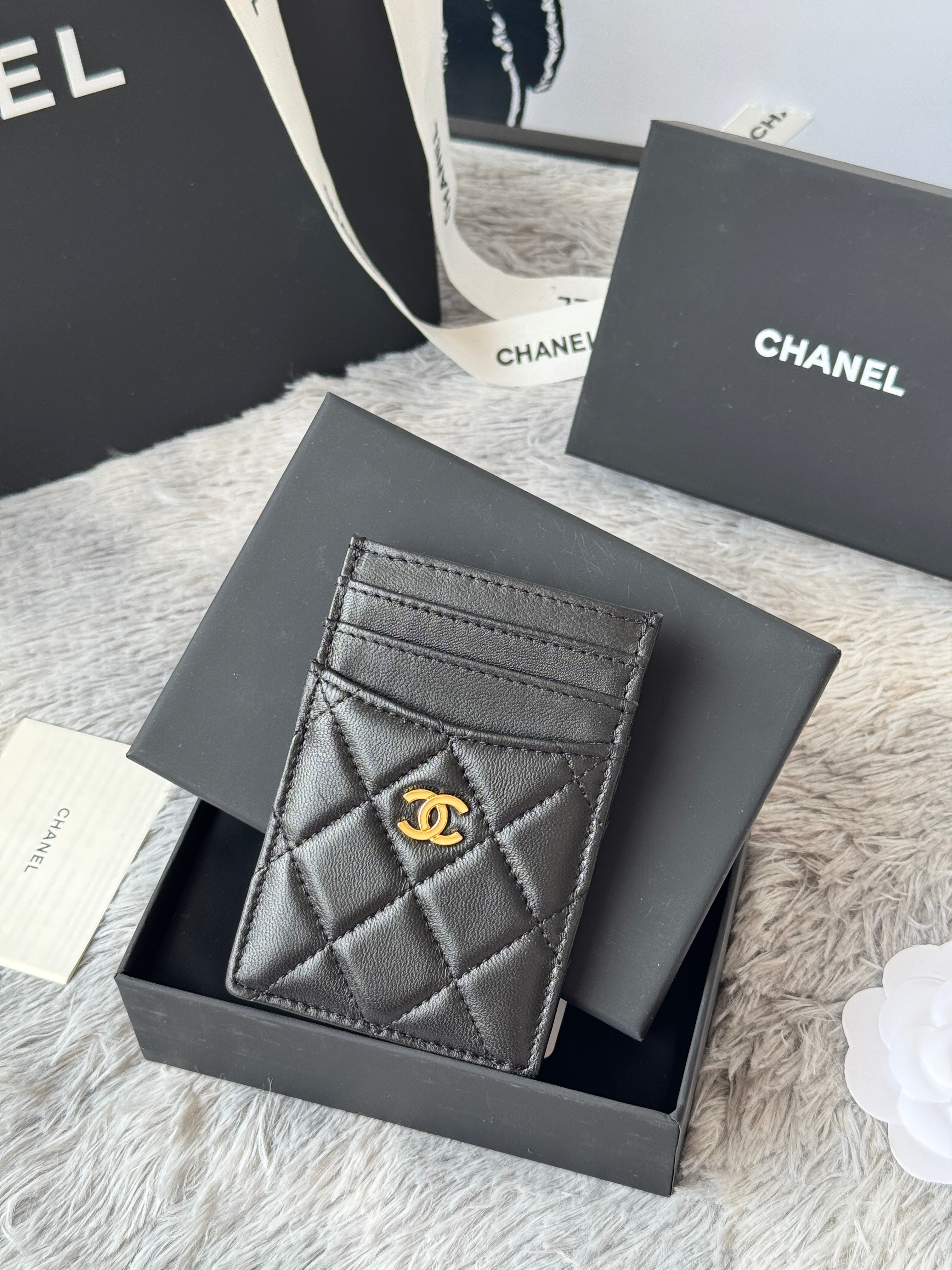 CC Carld Holder Black Gold-tone Metal Lamskin 242672