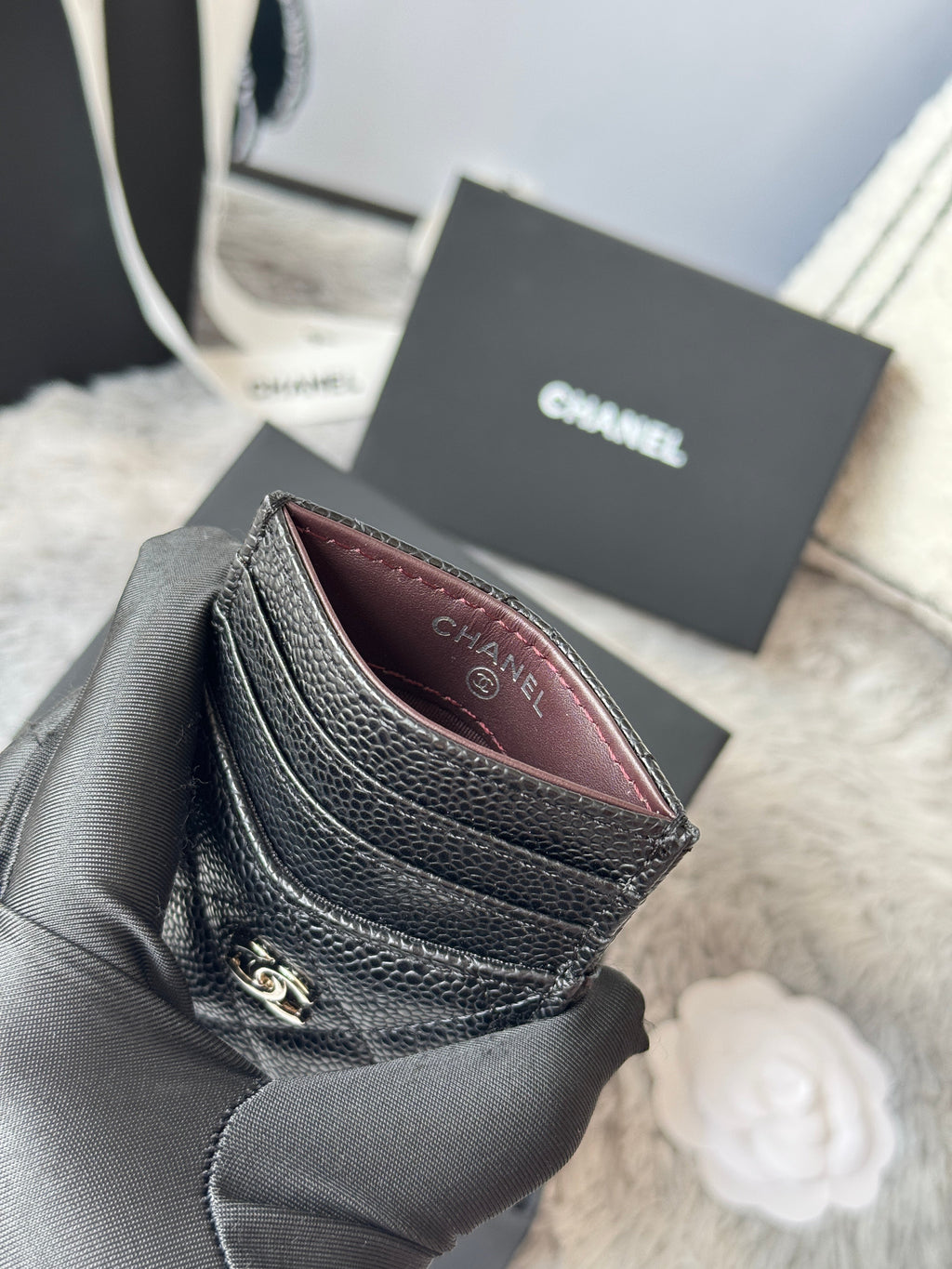 CC Carld Holder Black Golden- tone Metal Grain Calfskin 242680