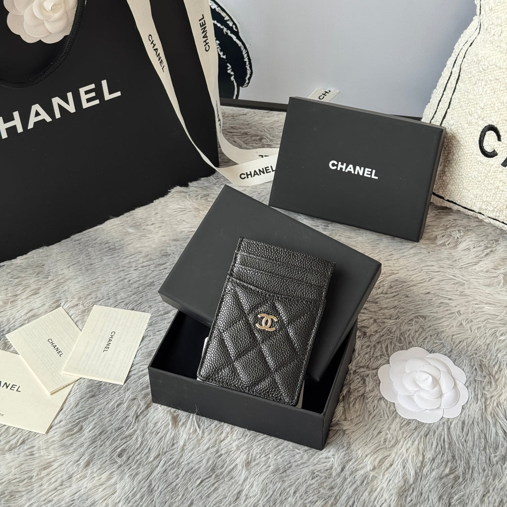 CC Carld Holder Black Golden- tone Metal Grain Calfskin 242680